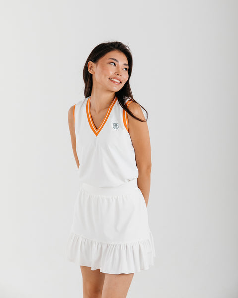 V Neck Tennis Top with Vibrant Orange Collar and Sleeve